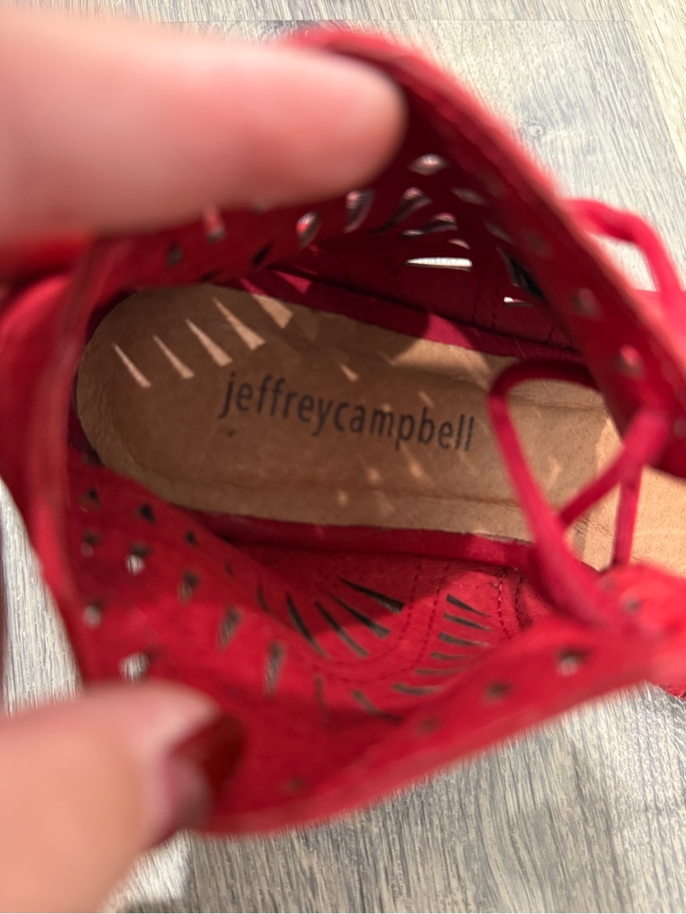 Jeffrey Campbell Rodillo Low Wedge Red Laser-Cut Lace-Up Sandals - Picture 5 of 11
